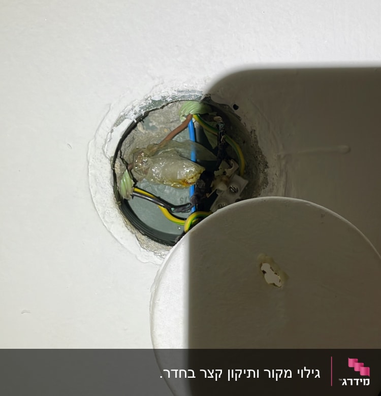 חוטי חשמל צבעוניים בתוך קופסת חיבורים עגולה